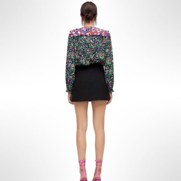 ZARA Shoulder Pad Patchwork Floral Blouse in Black/Multicolor | Size Medium - Picture 2 of 10
